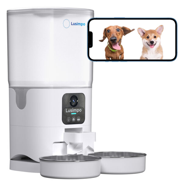 LUSIMPO Smart Dual Pet Feeder with Camera, Double Bowls, 7L, White