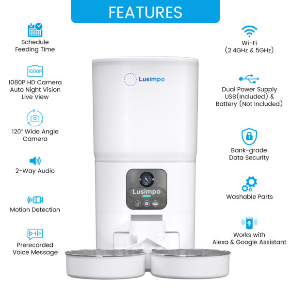 LUSIMPO Smart Dual Pet Feeder with Camera, Double Bowls, 7L, White - Image 3